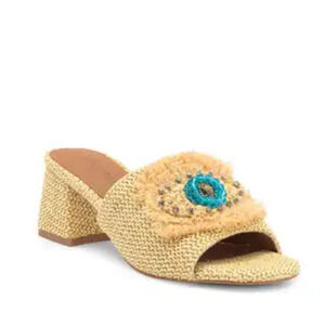 Kurt Geiger Heel Evil Eye Raffia Block Heel Slide Sandals Size 37/US 7
